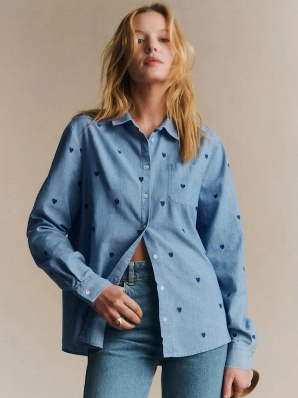 SEZANE Light Blue Chambray Button-Down Shirt with Navy Embroidered Heart Print - Picture 2 of 10
